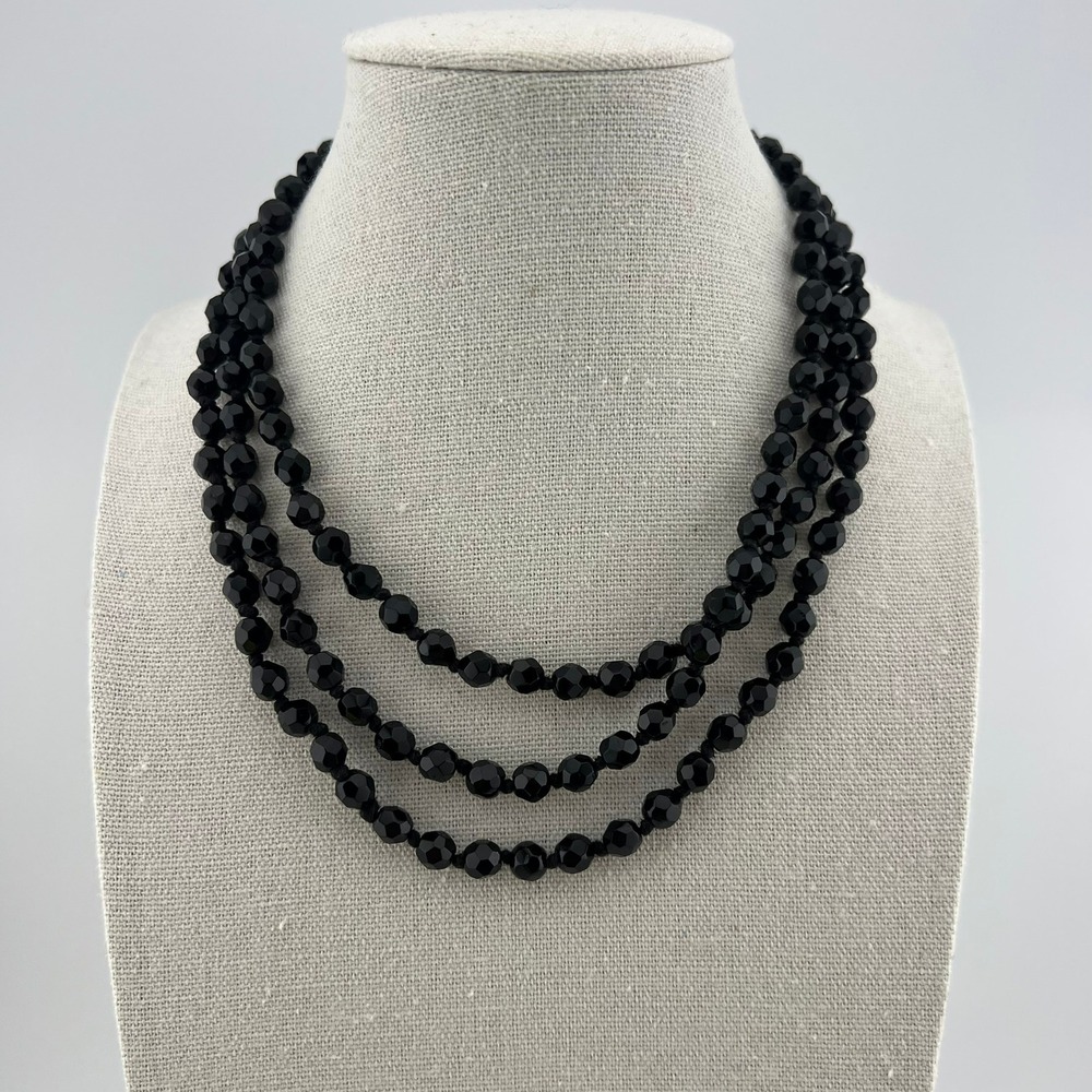 Vintage Made Austria Black Faceted Bead 3 Strand Knotted Necklace 14 Inch